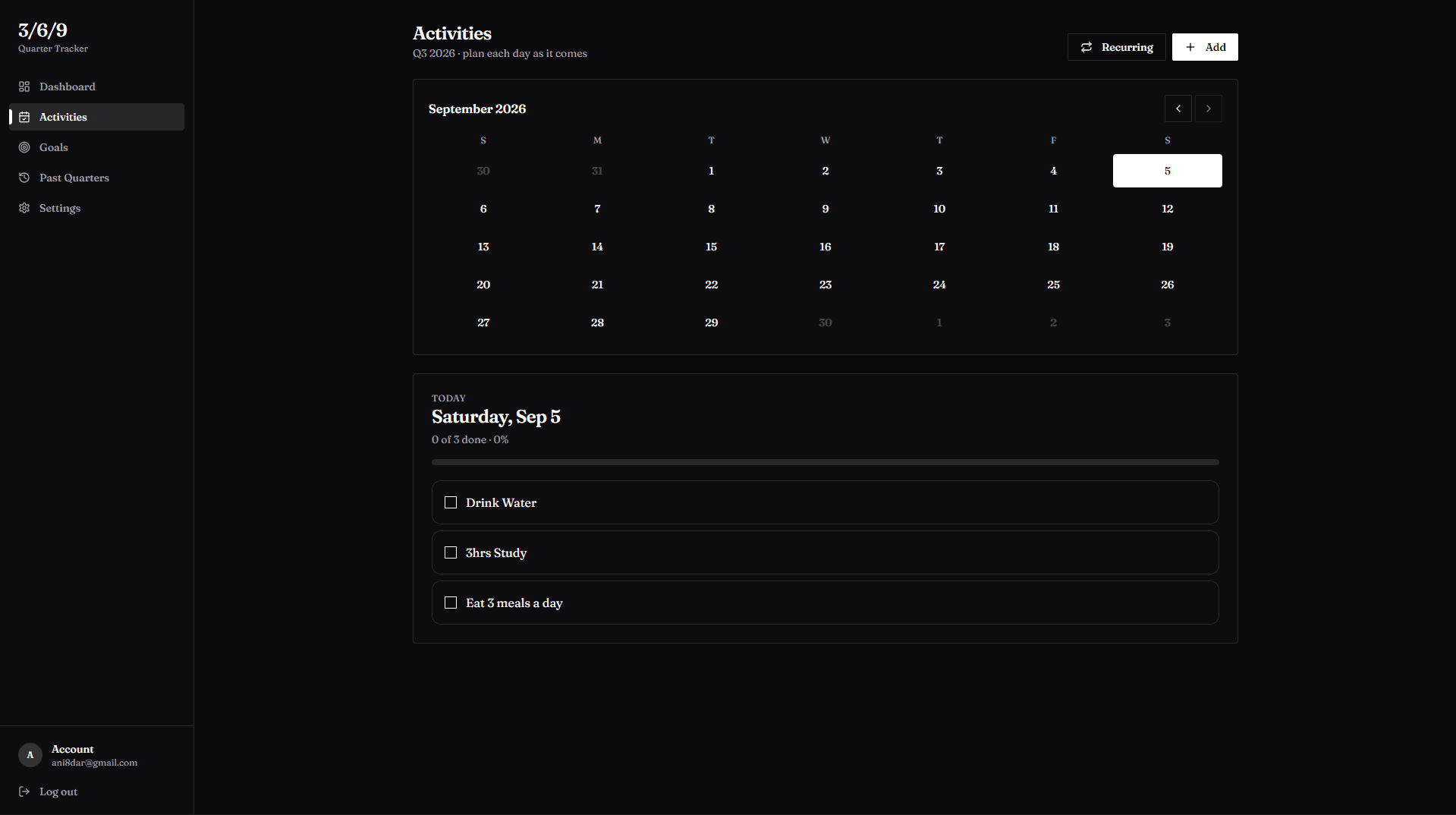 productivity app activities page