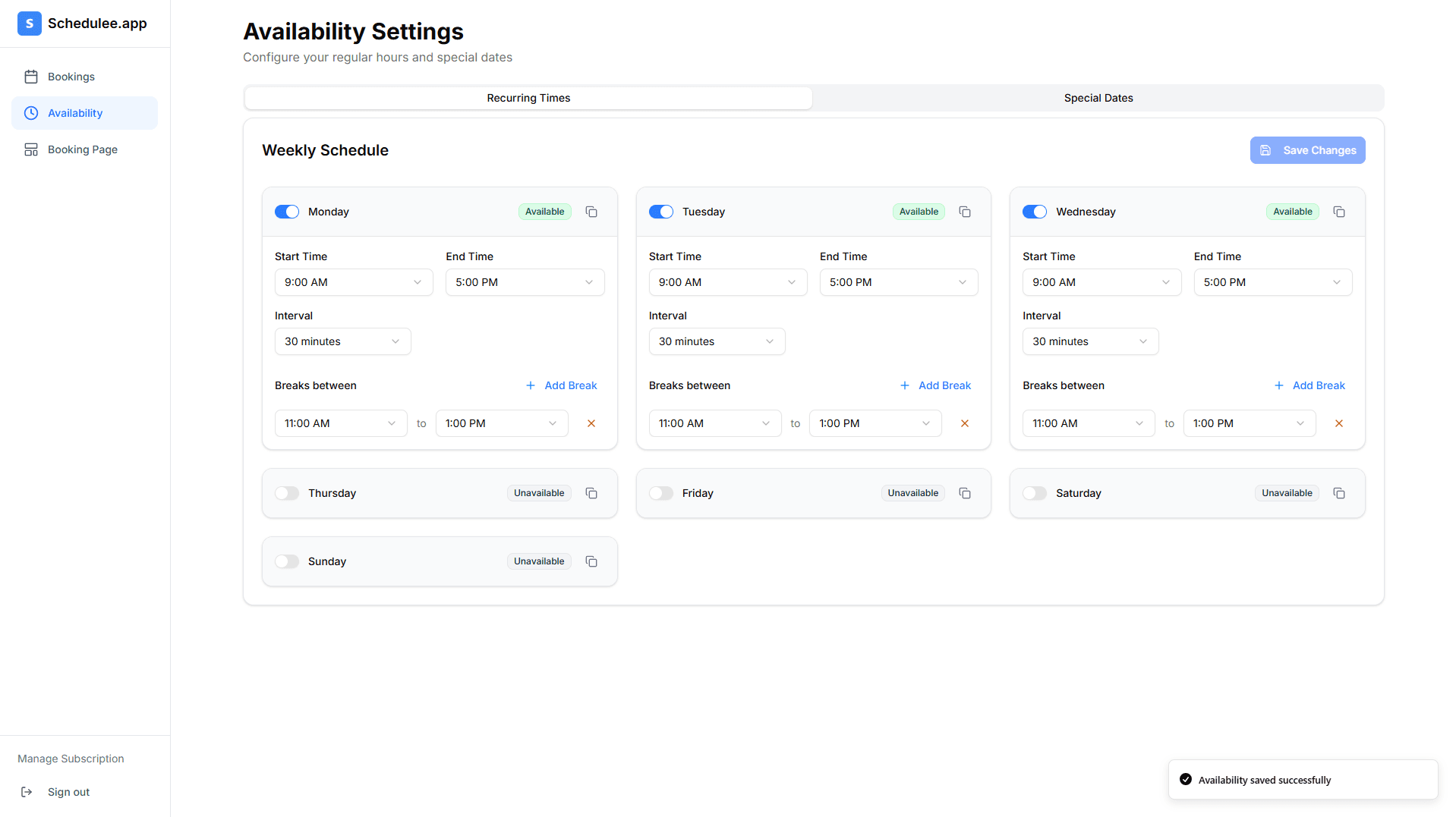 schedulee availanbilty setting