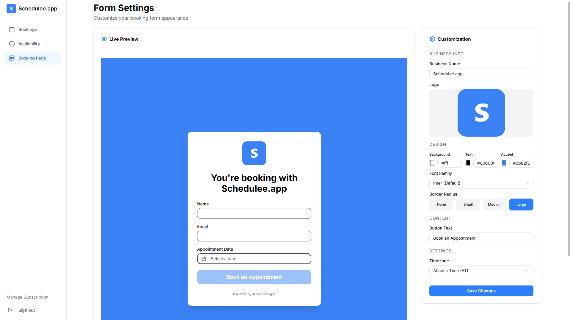 schedulee booking page customisation
